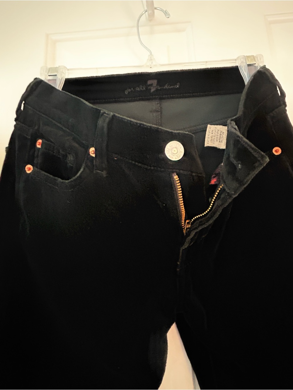 7 For All Mankind Black Velvet Bootcut Jeans with Copper Accents